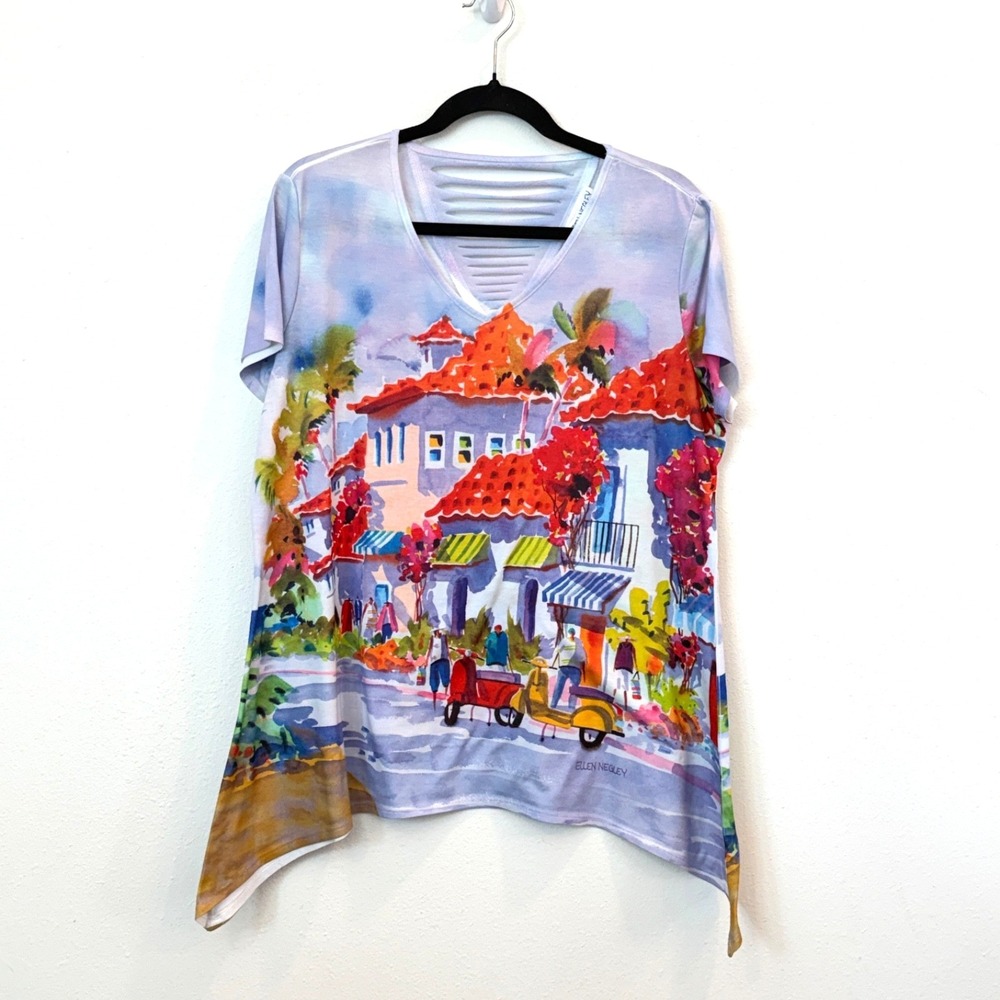 Ellen Negley Art & Sol Tunic Top Women L Artsy Colorful Watercolor Asymmetrical